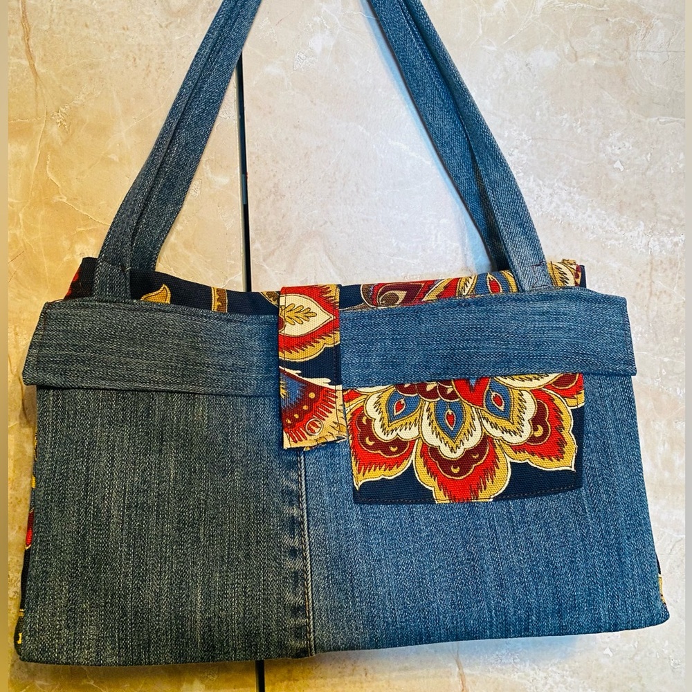 Denim Shoulder Bag with Striking Printed Accents